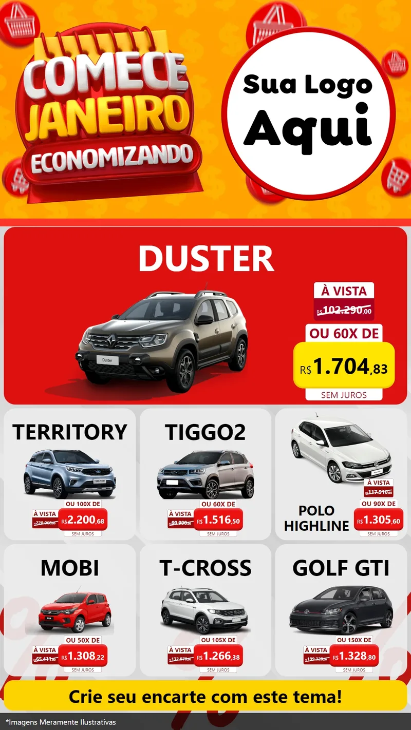 Modelo de Rede Social para Stories com o tema Comece Janeiro Economizando para Concessionaria de Carros