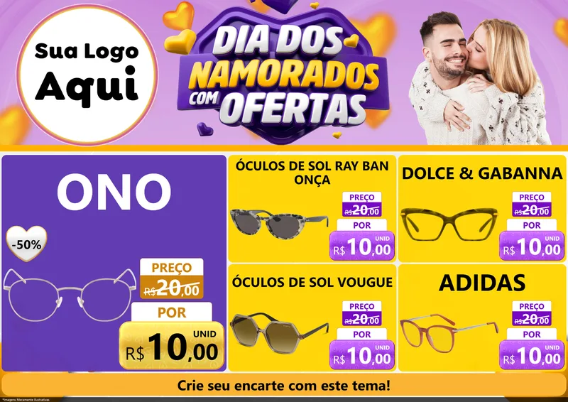 Modelo de Encarte para Encarte A4 Horizontal com o tema Dia Dos Namorados Com Ofertas para Óticas