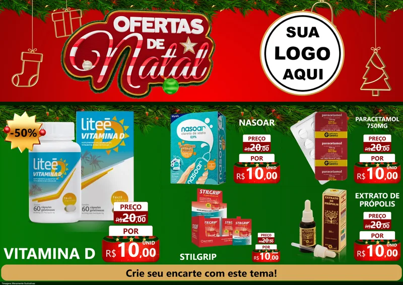 Modelo de Encarte para Encarte A4 Horizontal com o tema Ofertas de Natal para Farmácia