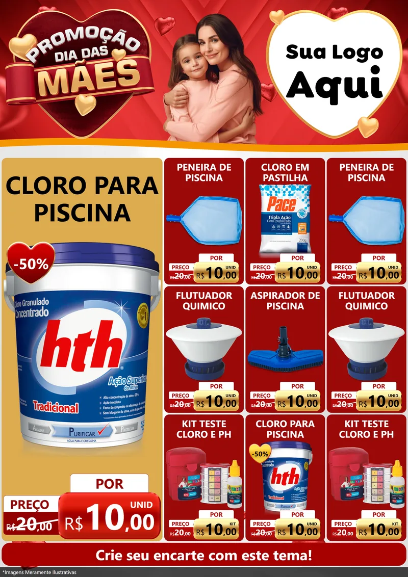 Modelo de Encarte para Encarte A4 Vertical com o tema Promoção Dia das Mães para Produtos para Piscina