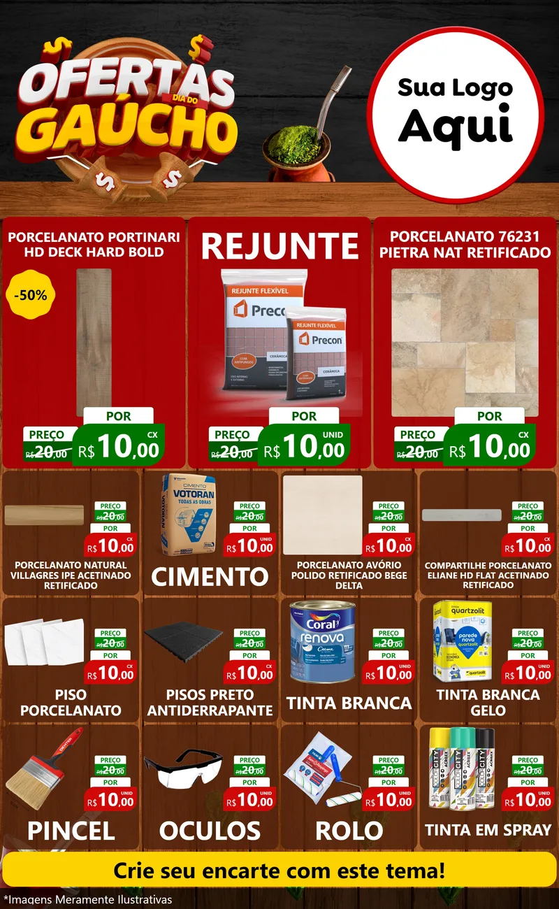 Modelo de Encarte para Encarte Grande com o tema Ofertas Dia do Gaúcho para Pisos e revestimentos