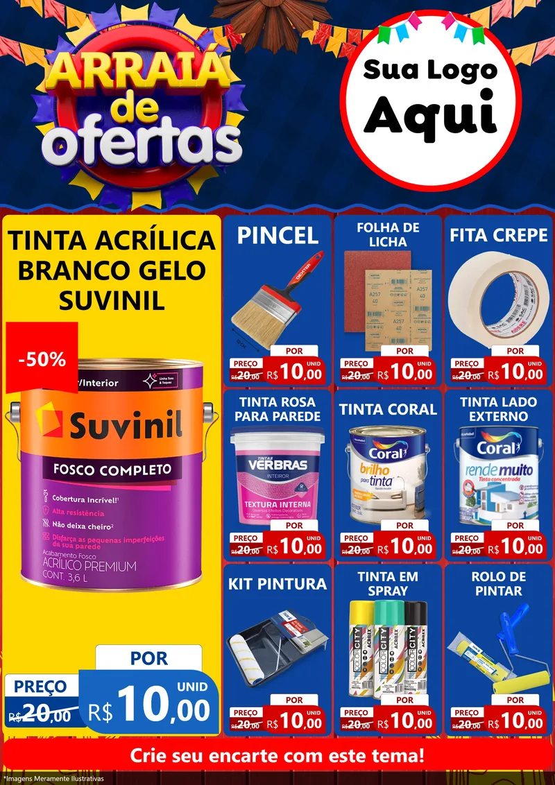 Modelo de Encarte para Encarte A4 Vertical com o tema Arraiá de Ofertas para Tintas e Ferramentas