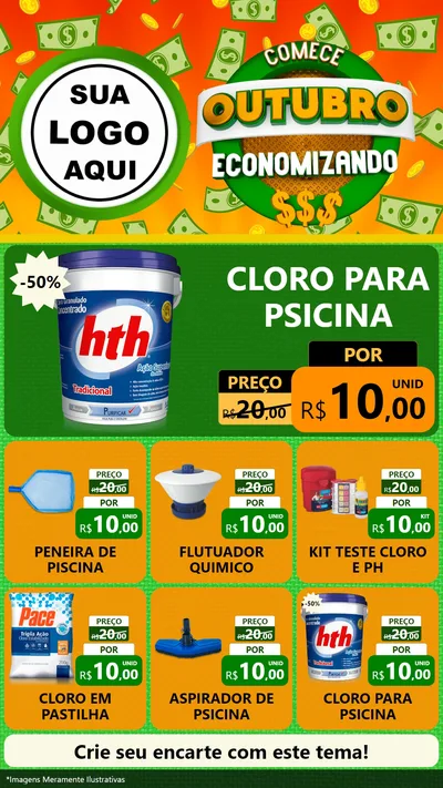 Modelo de Rede Social para Stories com o tema Comece Outubro Economizando para Produtos para Piscina