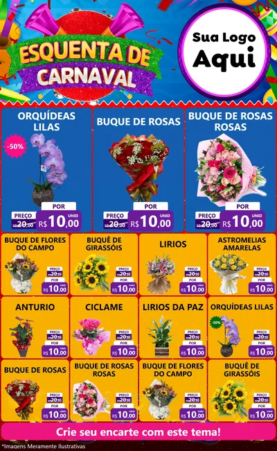 Modelo de Encarte para Encarte Grande com o tema Esquenta de Carnaval para Floricultura e jardim
