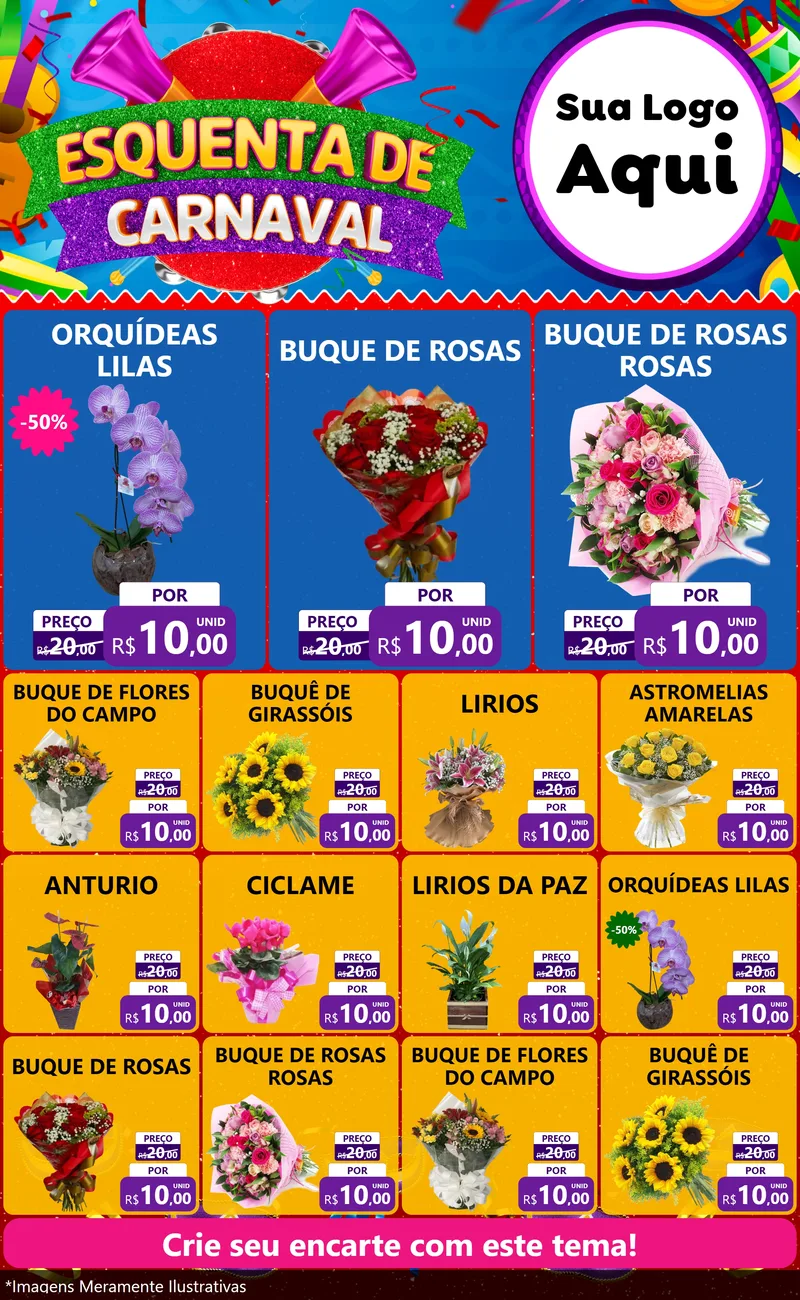 Modelo de Encarte para Encarte Grande com o tema Esquenta de Carnaval para Floricultura e jardim