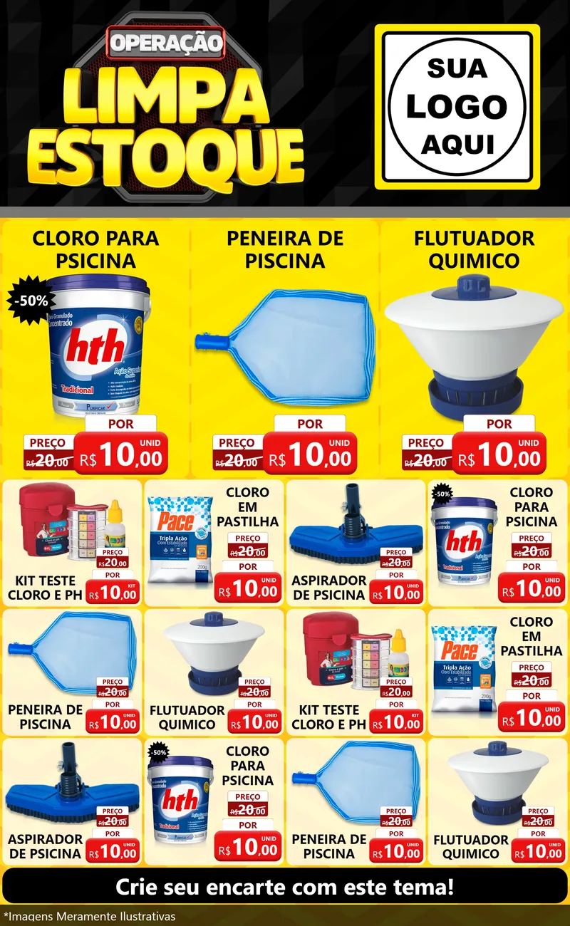 Modelo de Encarte para Encarte Grande com o tema Operação Limpa Estoque para Produtos para Piscina