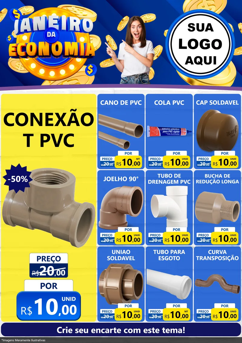 Modelo de Encarte para Encarte A4 Vertical com o tema Janeiro da Economia para Tubos e conexões