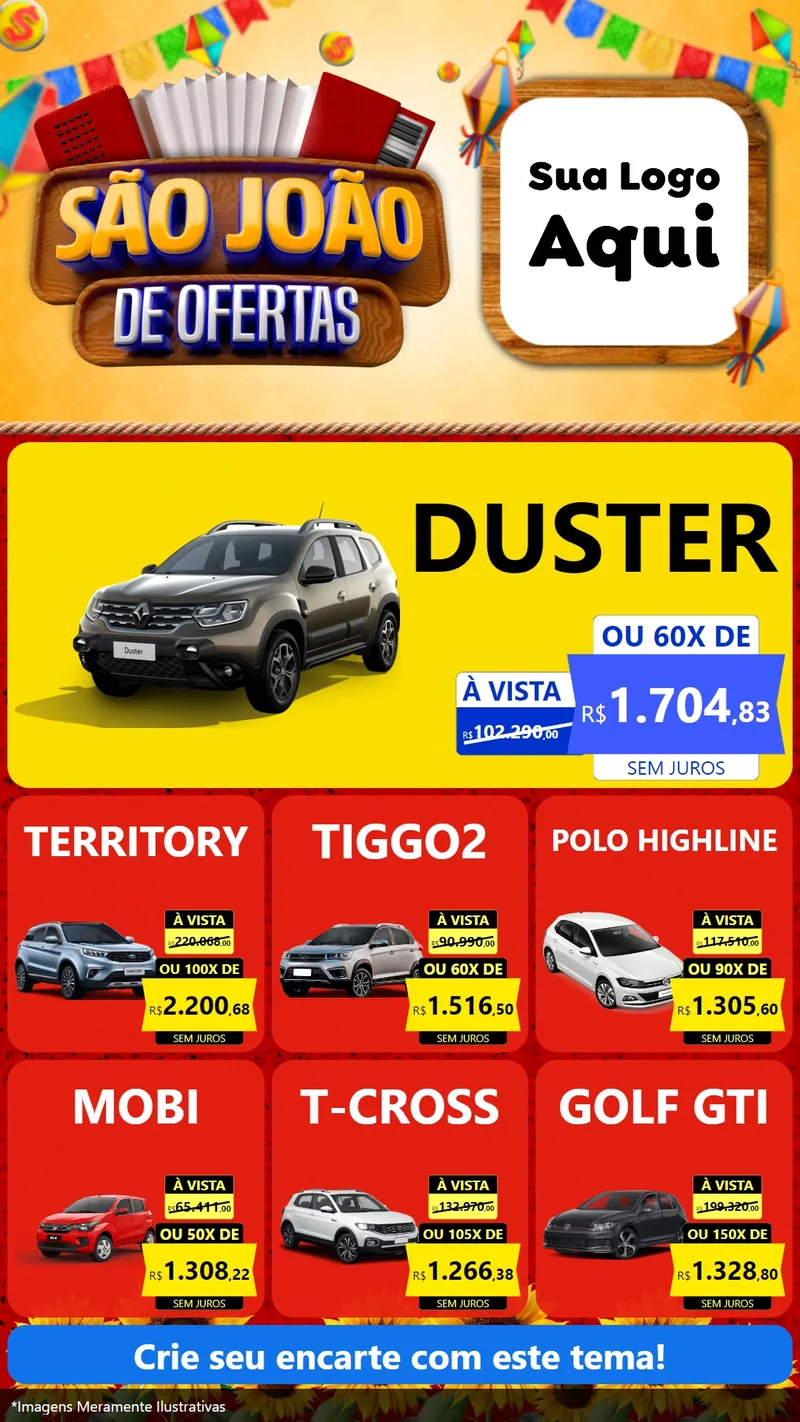 Modelo de Rede Social para Stories com o tema São João de Ofertas para Concessionaria de Carros