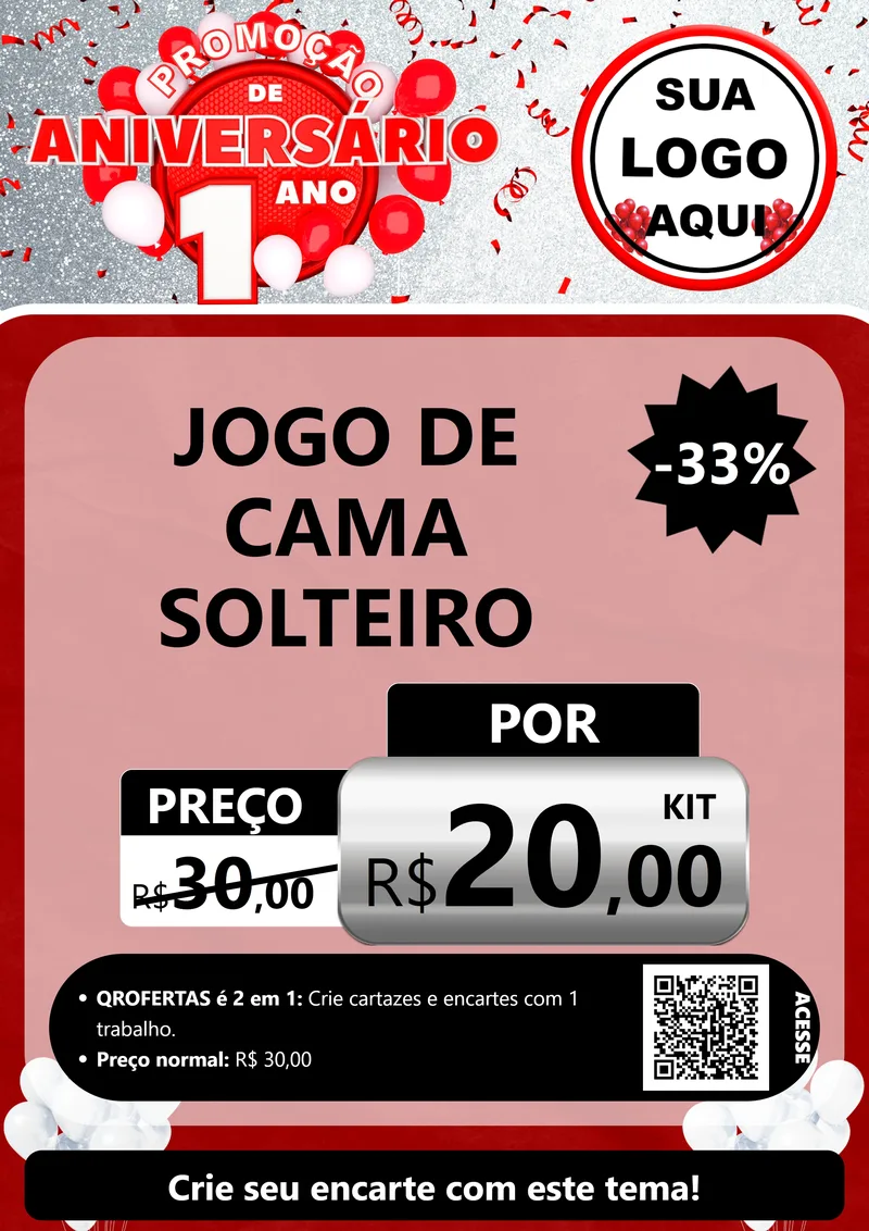 Modelo de Cartaz para Cartaz A4 Vertical com o tema Promoção de Aniversário - 1 Ano para Cama, Mesa e Banho