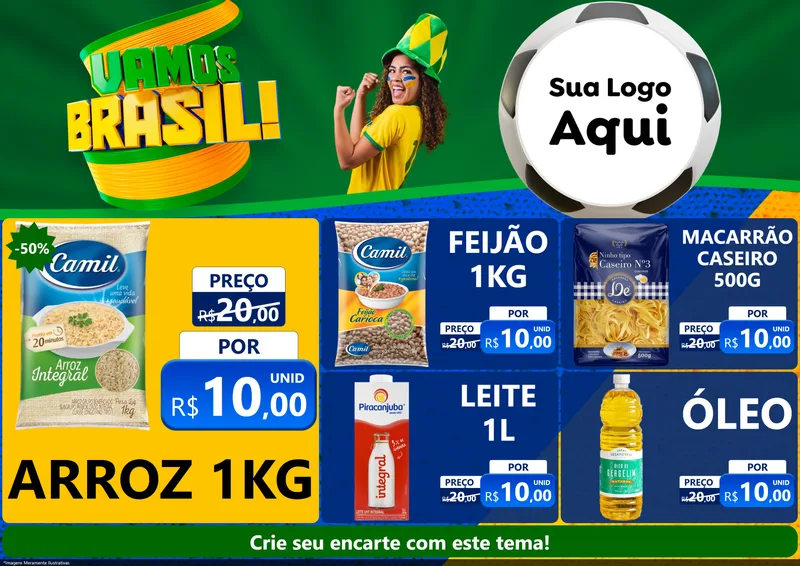 Modelo de Encarte para Encarte A4 Horizontal com o tema Vamos Brasil - Copa para Supermercado