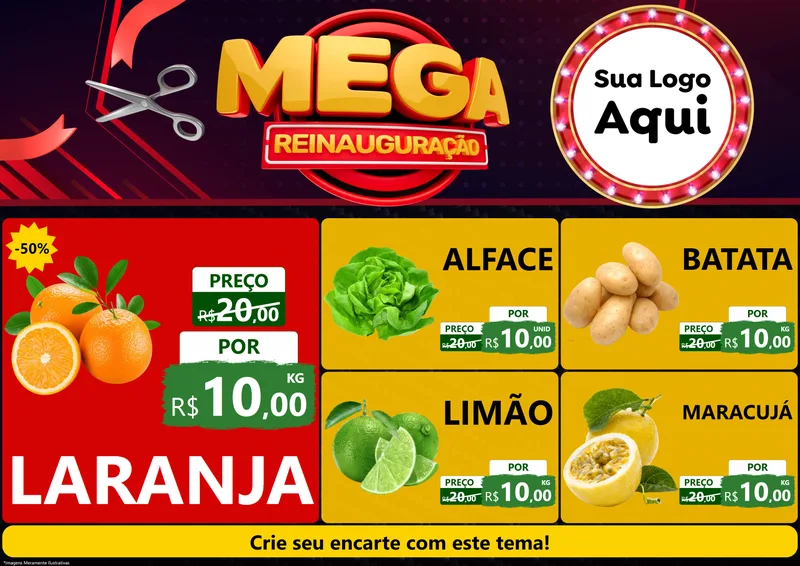 Modelo de Encarte para Encarte A4 Horizontal com o tema Mega Reinauguração para Hortifrúti