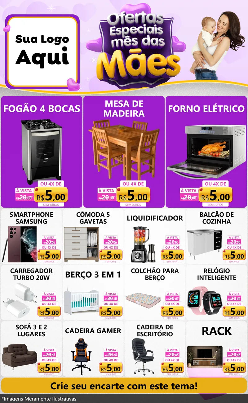 Modelo de Encarte para Encarte Grande com o tema Ofertas Especiais - Mês das Mães para Móveis e Eletro