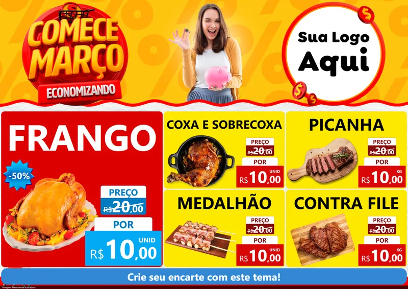 Modelo de Encarte para Encarte A4 Horizontal com o tema Comece Março Economizando para Assados