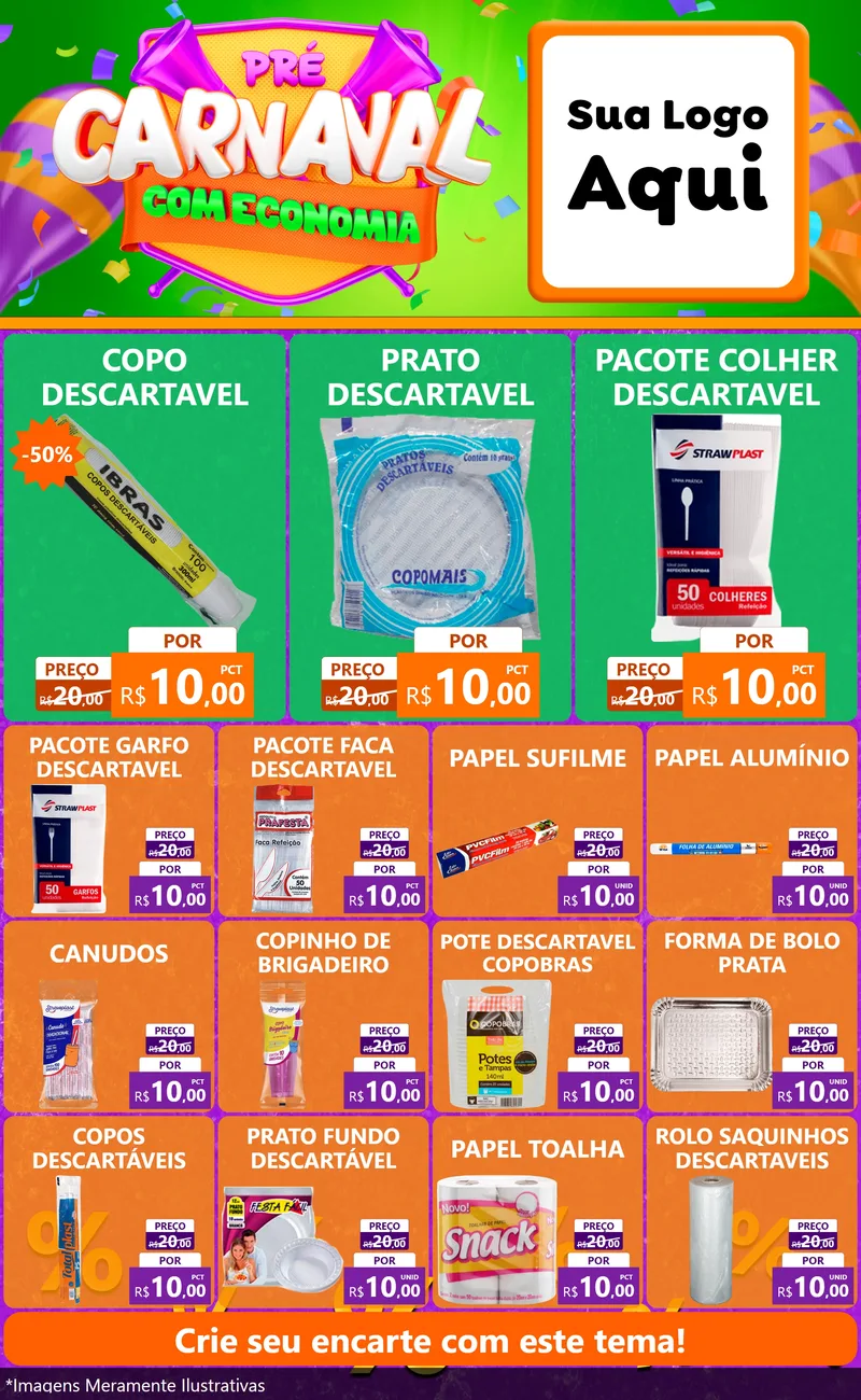 Modelo de Encarte para Encarte Grande com o tema Pré-Carnaval Com Economia para Embalagens