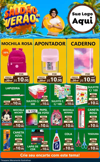 Modelo de Encarte para Encarte Grande com o tema Saldão de Verão para Papelaria