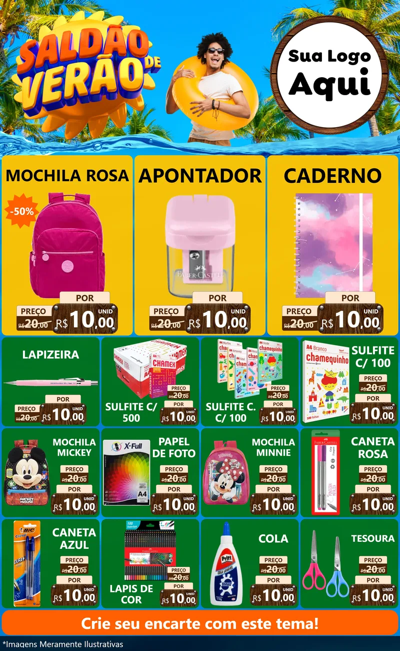 Modelo de Encarte para Encarte Grande com o tema Saldão de Verão para Papelaria