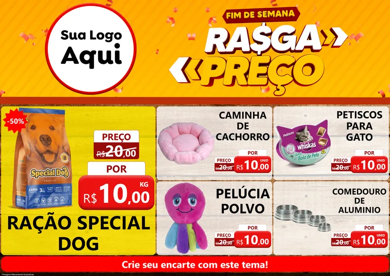 Modelo de Encarte para Encarte A4 Horizontal com o tema Fim de Semana Rasga Preços para Pet Shop