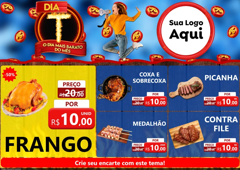 Modelo de Encarte para Encarte A4 Horizontal com o tema Dia T - O Dia Mais Barato Do Mês para Assados