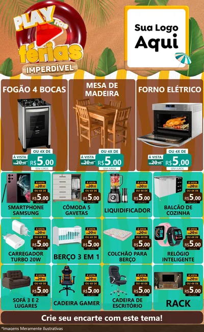 Modelo de Encarte para Encarte Grande com o tema Play Nas Férias Imperdível para Móveis e Eletro