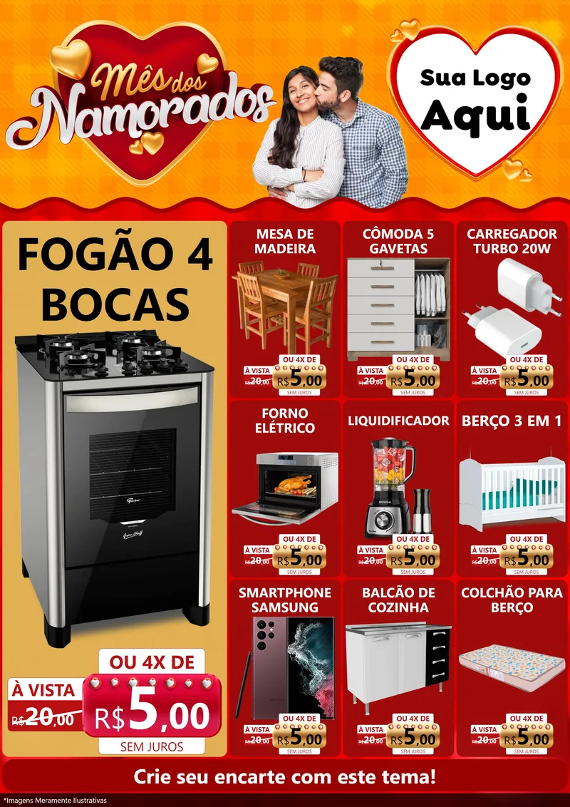 Modelo de Encarte para Encarte A4 Vertical com o tema Mês dos Namorados para Móveis e Eletro