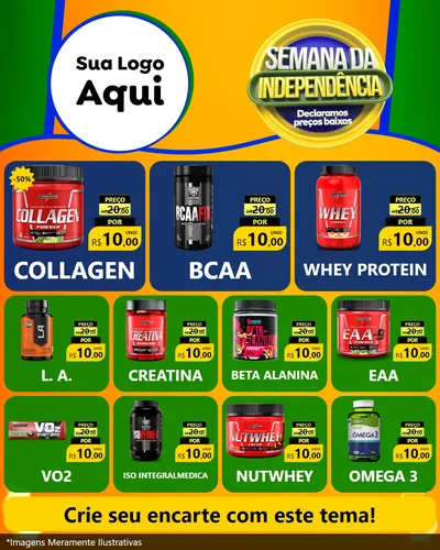 Modelo de Rede Social para Feed Instagram com o tema Semana da Independência Declaramos Preços Baixos para Suplementos alimentares