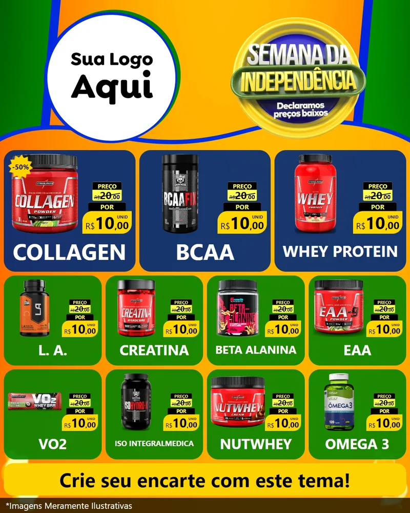 Modelo de Rede Social para Feed Instagram com o tema Semana da Independência Declaramos Preços Baixos para Suplementos alimentares
