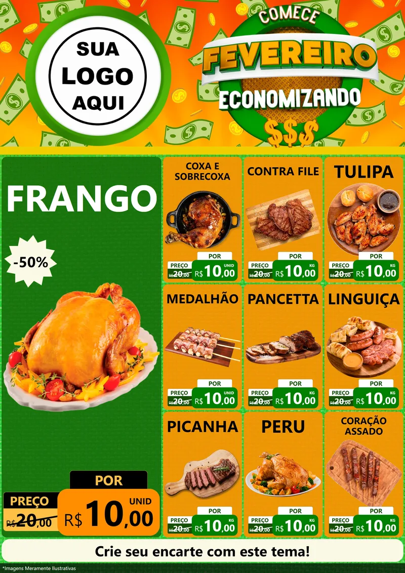 Modelo de Encarte para Encarte A4 Vertical com o tema Comece Fevereiro Economizando para Assados