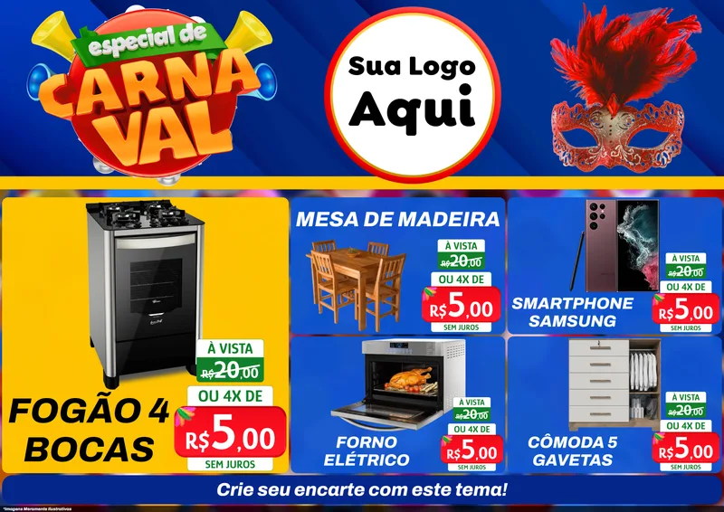 Modelo de Encarte para Encarte A4 Horizontal com o tema Especial de Carnaval para Móveis e Eletro