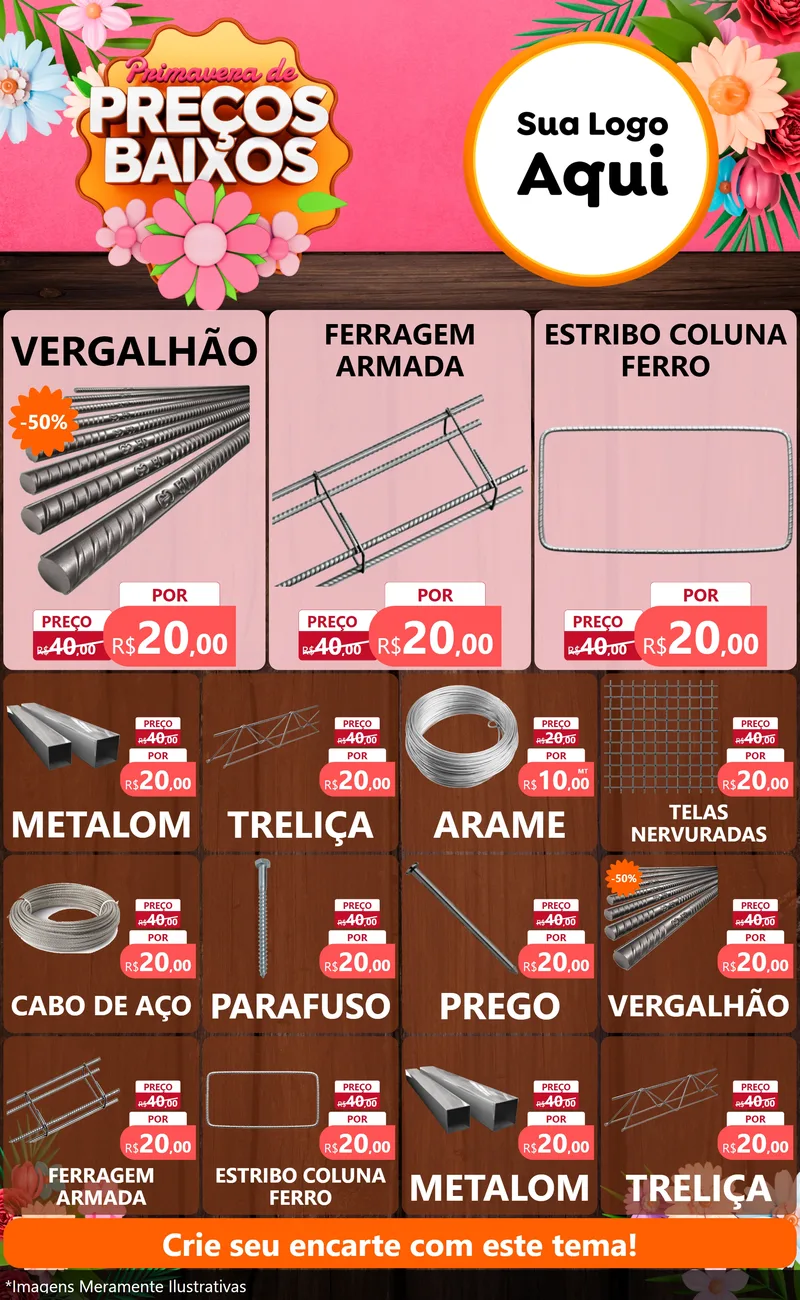 Modelo de Encarte para Encarte Grande com o tema Primavera de Preços Baixos para Ferragens