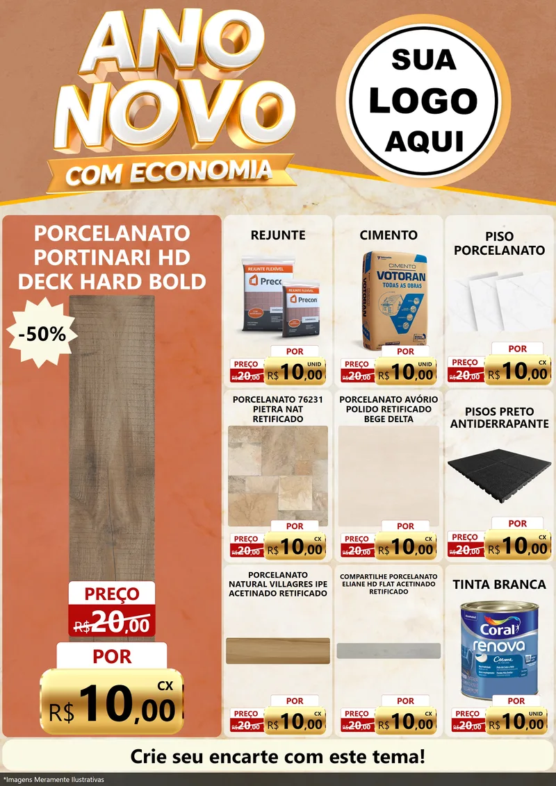 Modelo de Encarte para Encarte A4 Vertical com o tema Ano Novo Com Economia para Pisos e revestimentos