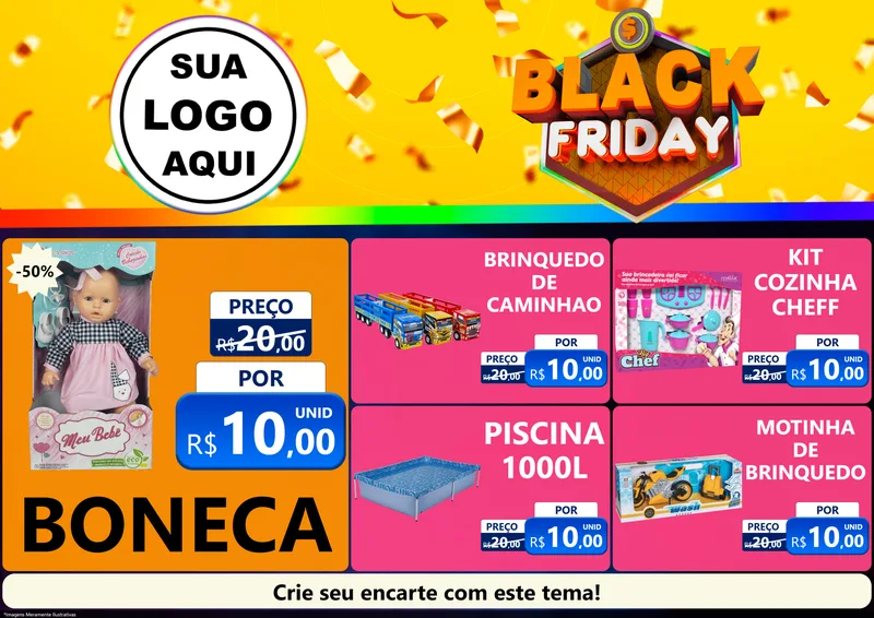 Modelo de Encarte para Encarte A4 Horizontal com o tema Black Friday para Brinquedos