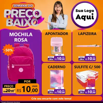 Modelo de Rede Social para Feed Facebook com o tema Semana do Preço Baixo para Papelaria