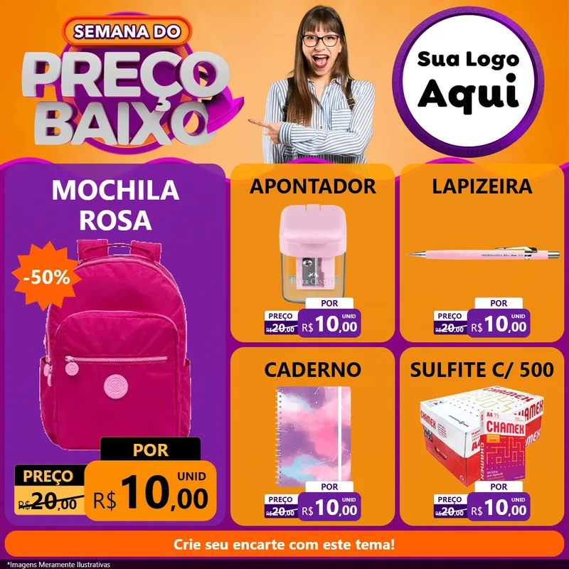 Modelo de Rede Social para Feed Facebook com o tema Semana do Preço Baixo para Papelaria