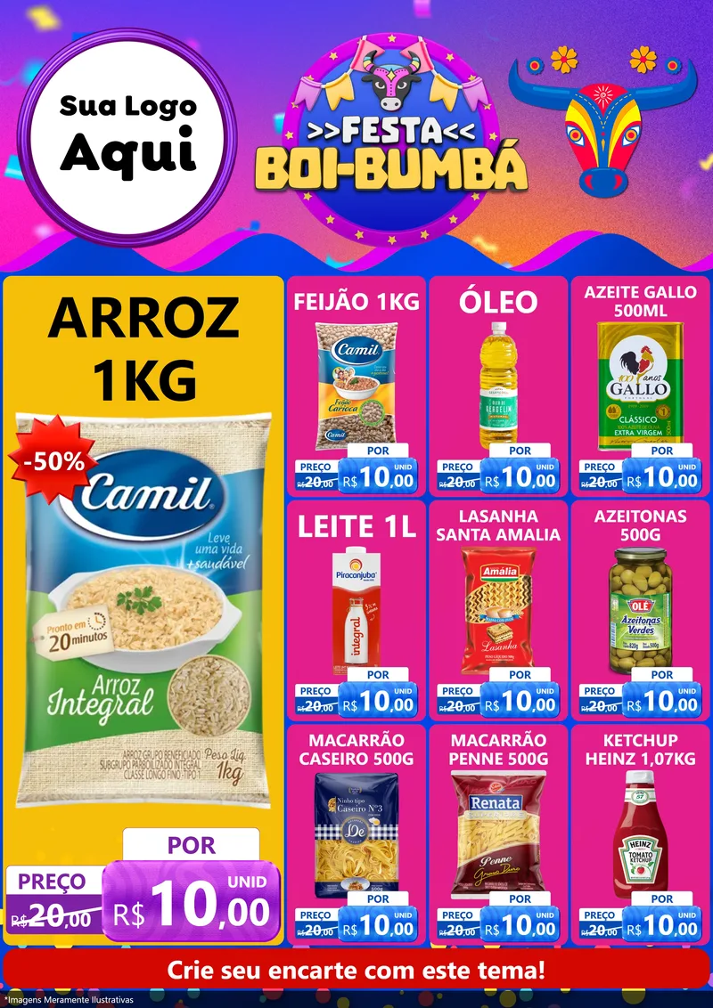 Modelo de Encarte para Encarte A4 Vertical com o tema Festa Boi-Bumbá para Supermercado