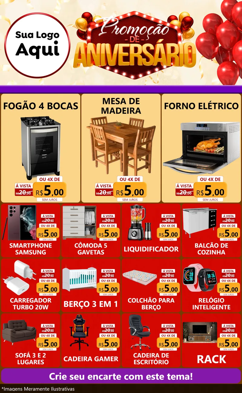 Modelo de Encarte para Encarte Grande com o tema Promoção de Aniversário para Móveis e Eletro