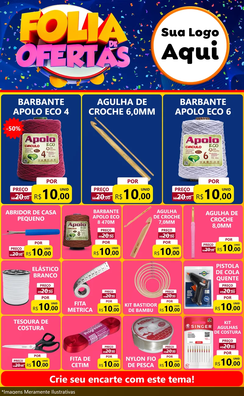 Modelo de Encarte para Encarte Grande com o tema Folia de Ofertas para Armarinho e Aviamentos