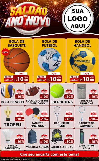 Modelo de Encarte para Encarte Grande com o tema Saldão de Ano Novo para Artigos Esportivos