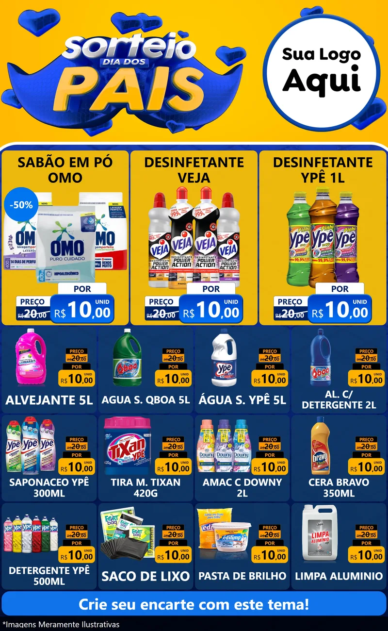 Modelo de Encarte para Encarte Grande com o tema Sorteio Dia dos Pais para Produtos de Limpeza