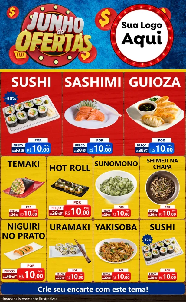 Modelo de Encarte para Encarte Grande com o tema Junho de Ofertas para Comida japonesa