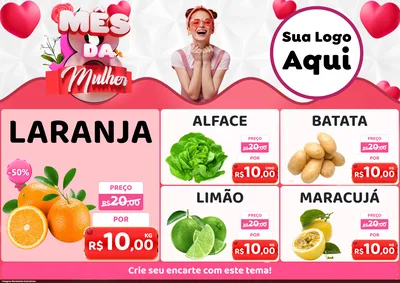 Modelo de Encarte para Encarte A4 Horizontal com o tema Mês da Mulher para Hortifrúti