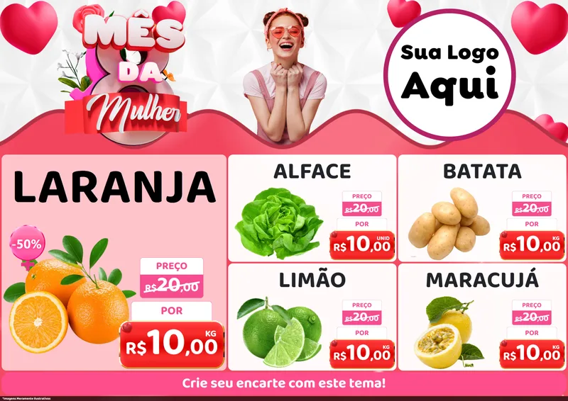 Modelo de Encarte para Encarte A4 Horizontal com o tema Mês da Mulher para Hortifrúti