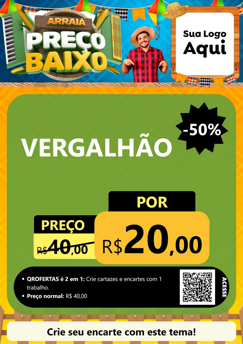 Modelo de Cartaz para Cartaz A4 Vertical com o tema Arraiá de Preço Baixo - Junina para Ferragens