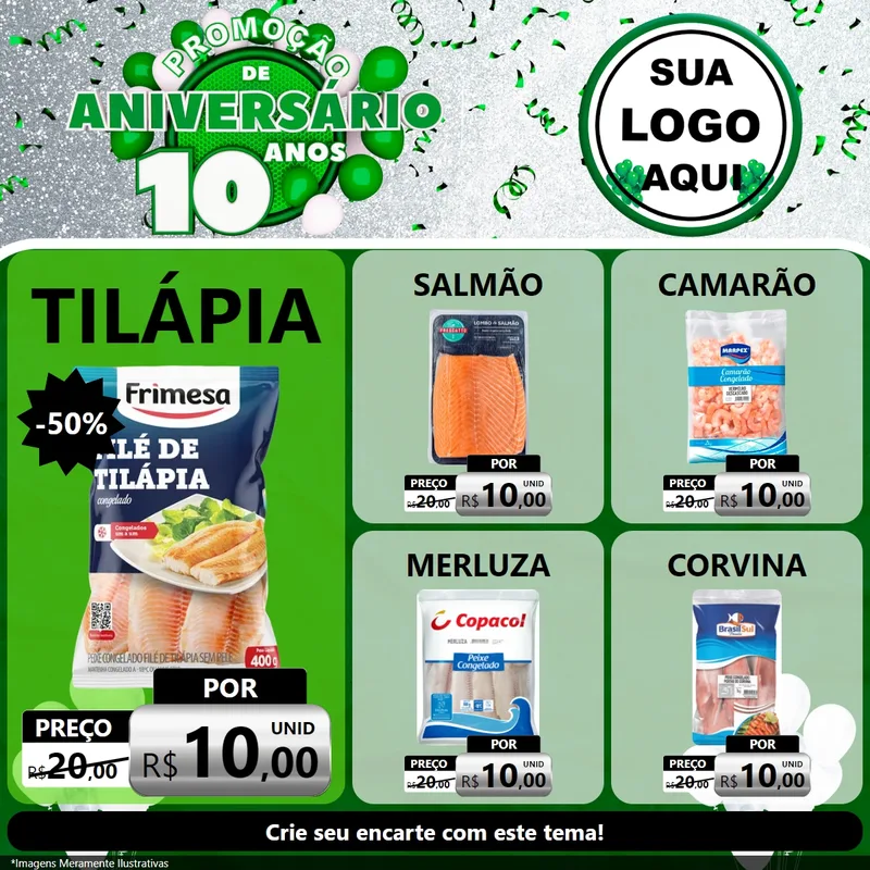Modelo de Rede Social para Feed Facebook com o tema Promoção de Aniversário - 10 Anos para Peixaria