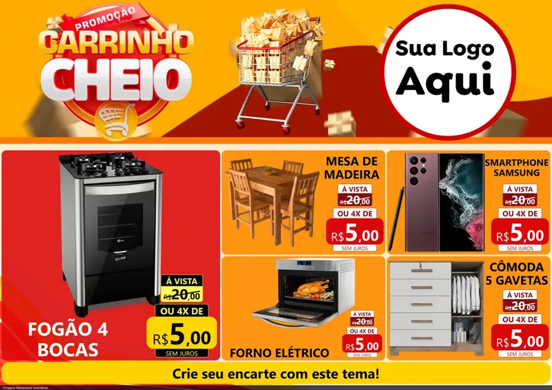 Modelo de Encarte para Encarte A4 Horizontal com o tema Promoção carrinho cheio para Móveis e Eletro