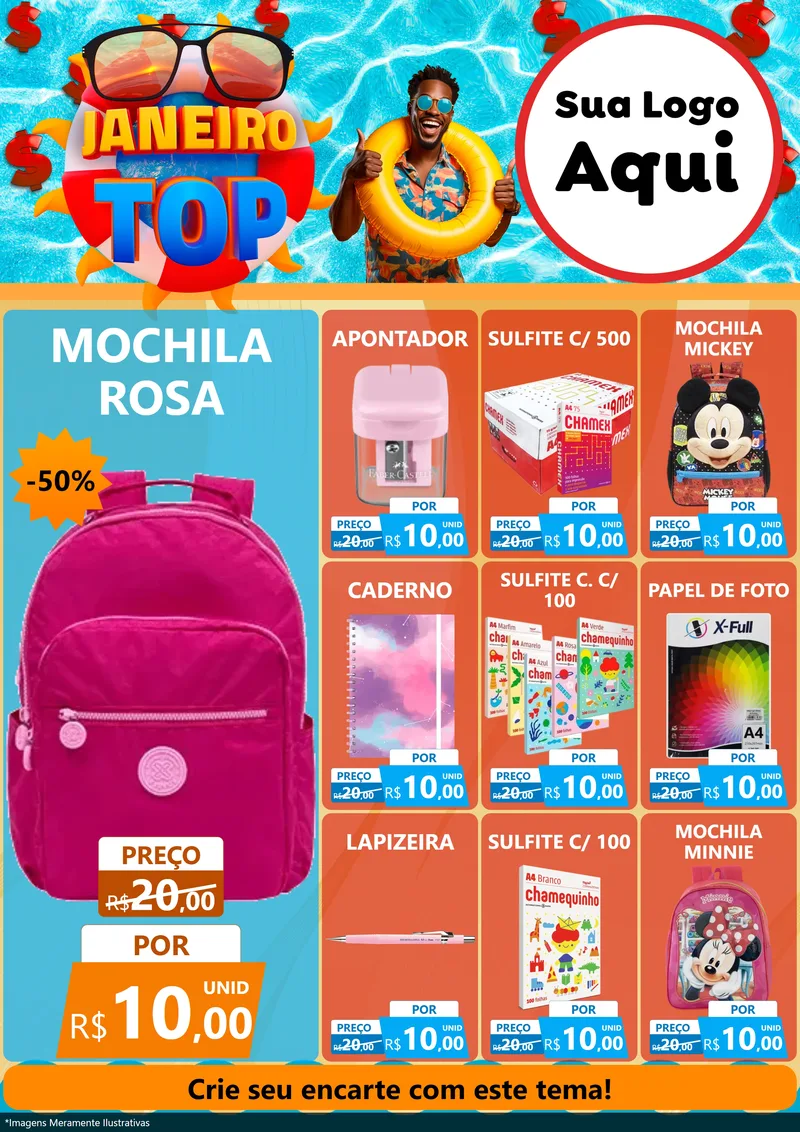 Modelo de Encarte para Encarte A4 Vertical com o tema Janeiro Top para Papelaria
