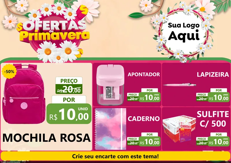 Modelo de Encarte para Encarte A4 Horizontal com o tema Ofertas de Primavera para Papelaria