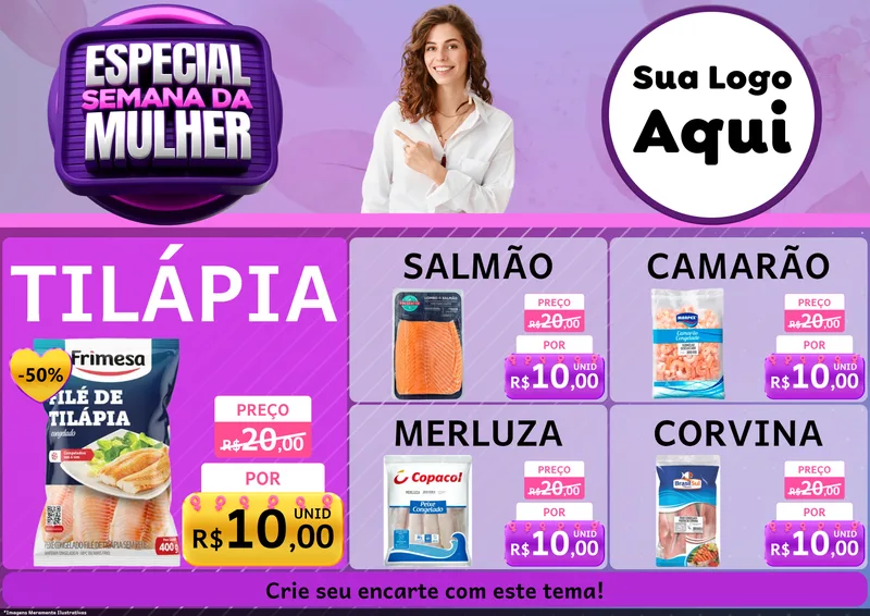 Modelo de Encarte para Encarte A4 Horizontal com o tema Especial Semana da Mulher para Peixaria