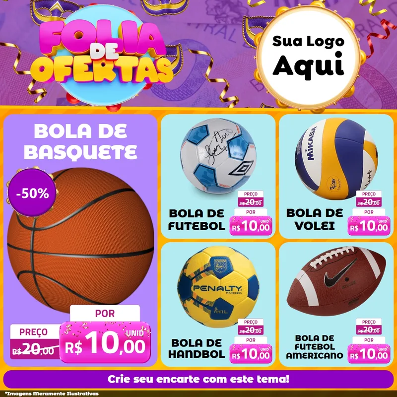 Modelo de Rede Social para Feed Facebook com o tema Folia de Ofertas para Artigos Esportivos
