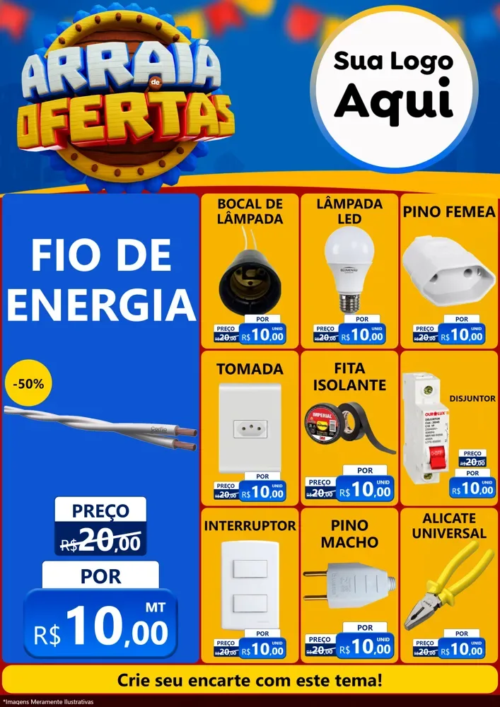 Modelo de Encarte para Encarte A4 Vertical com o tema Arraiá de Ofertas - Junina para Materiais Elétricos