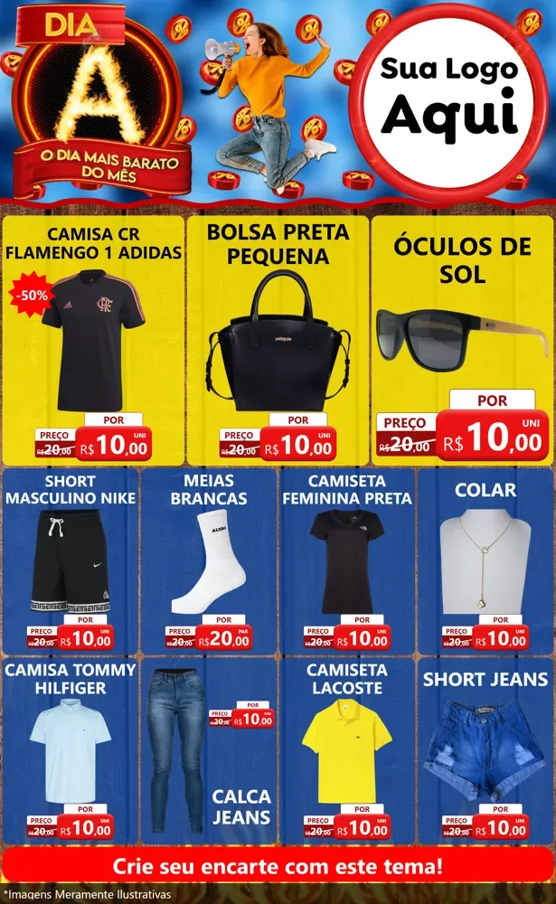 Modelo de Encarte para Encarte Grande com o tema Dia A - O Dia Mais Barato Do Mês para Roupas e acessórios